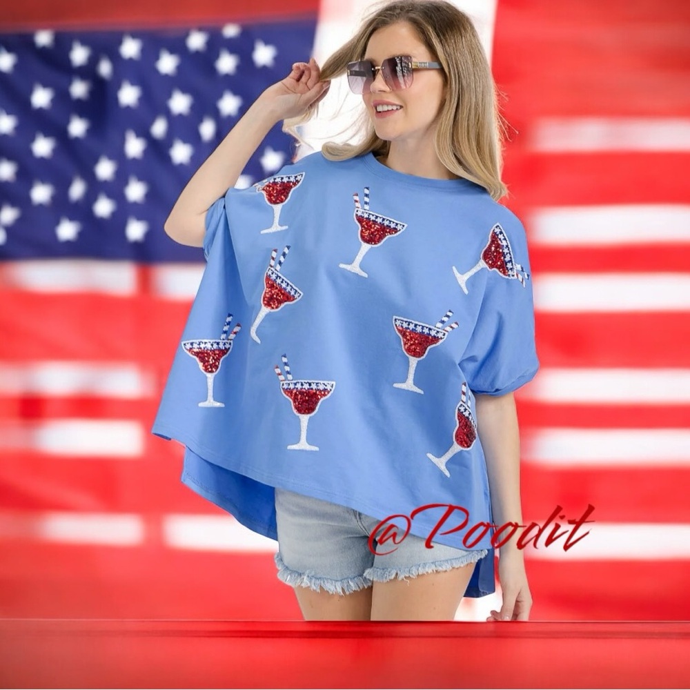 FANTASTIC FAWN Blue sequin Cocktail Graphic French Terry T-Shirt S M L - Picture 5 of 10